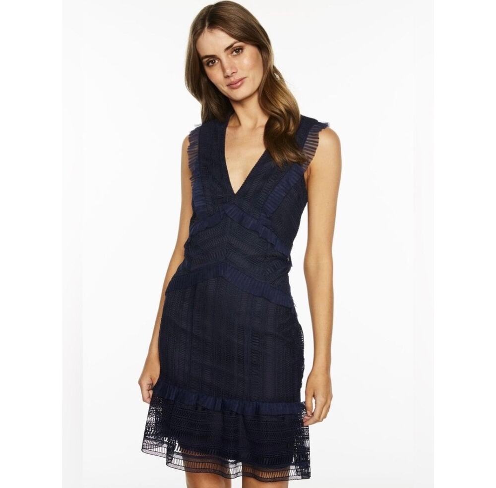 Bardot Kristen V-Neck Ruffle Lace Navy Blue Mini Dress Womens US 8 Medium EUC